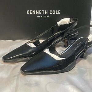 Kenneth Cole Crinkle Patent Black Slingback Kitten Heels